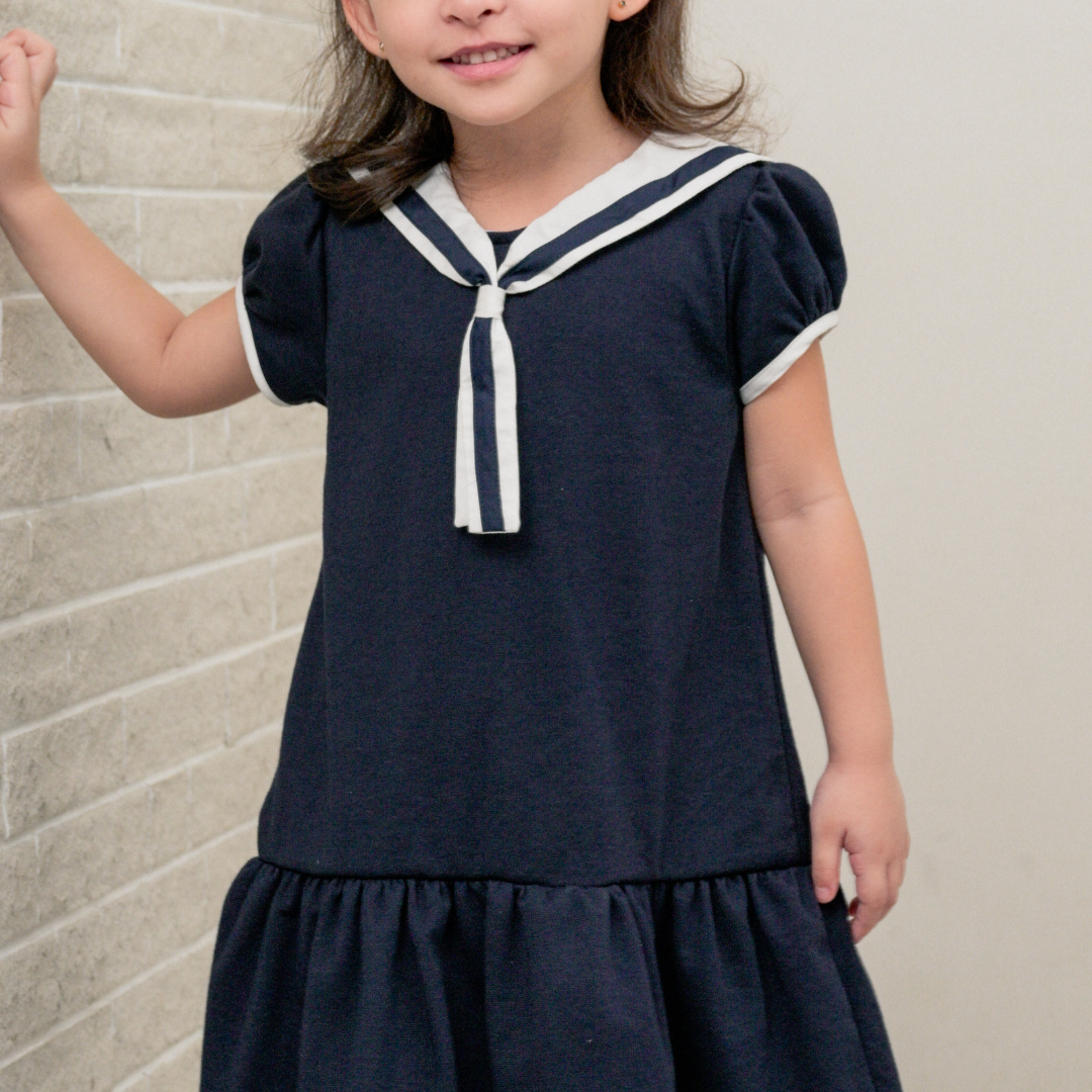Tayla Girls Navy Sailor Drop Waist Dress with Bow Clip Periwinkle Tayla Girls Navy Sailor Drop Waist Dress with Bow Clip Periwinkle
