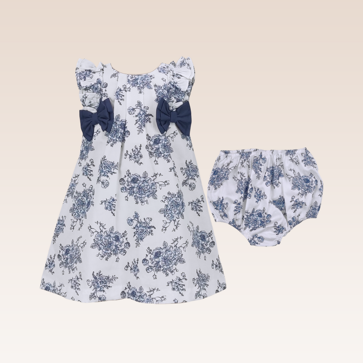 Eve Baby Girls Printed Floral Navy Blue Aline Dress with Ribbon Detai