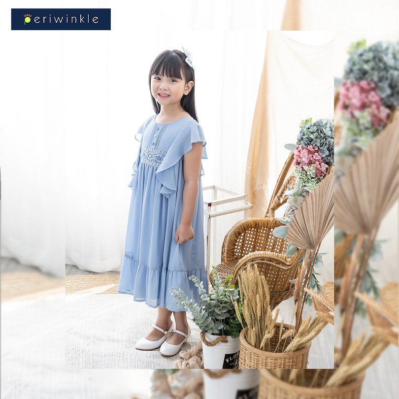 Juliette Girls Blue Tunic Dress with Smocking and Embroidery Details
