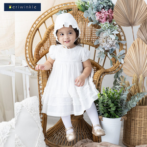Lois Christening Dress with Embroidery and Smock Details 3-piece set with Cap and Diaper Cover
