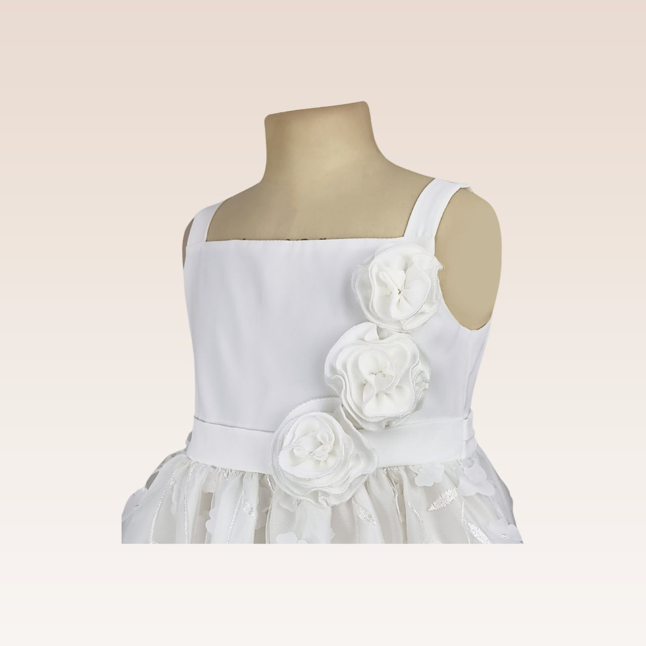Gretel Girls Ivory Party Dress with Bubble skirt in Floral Applique fabric