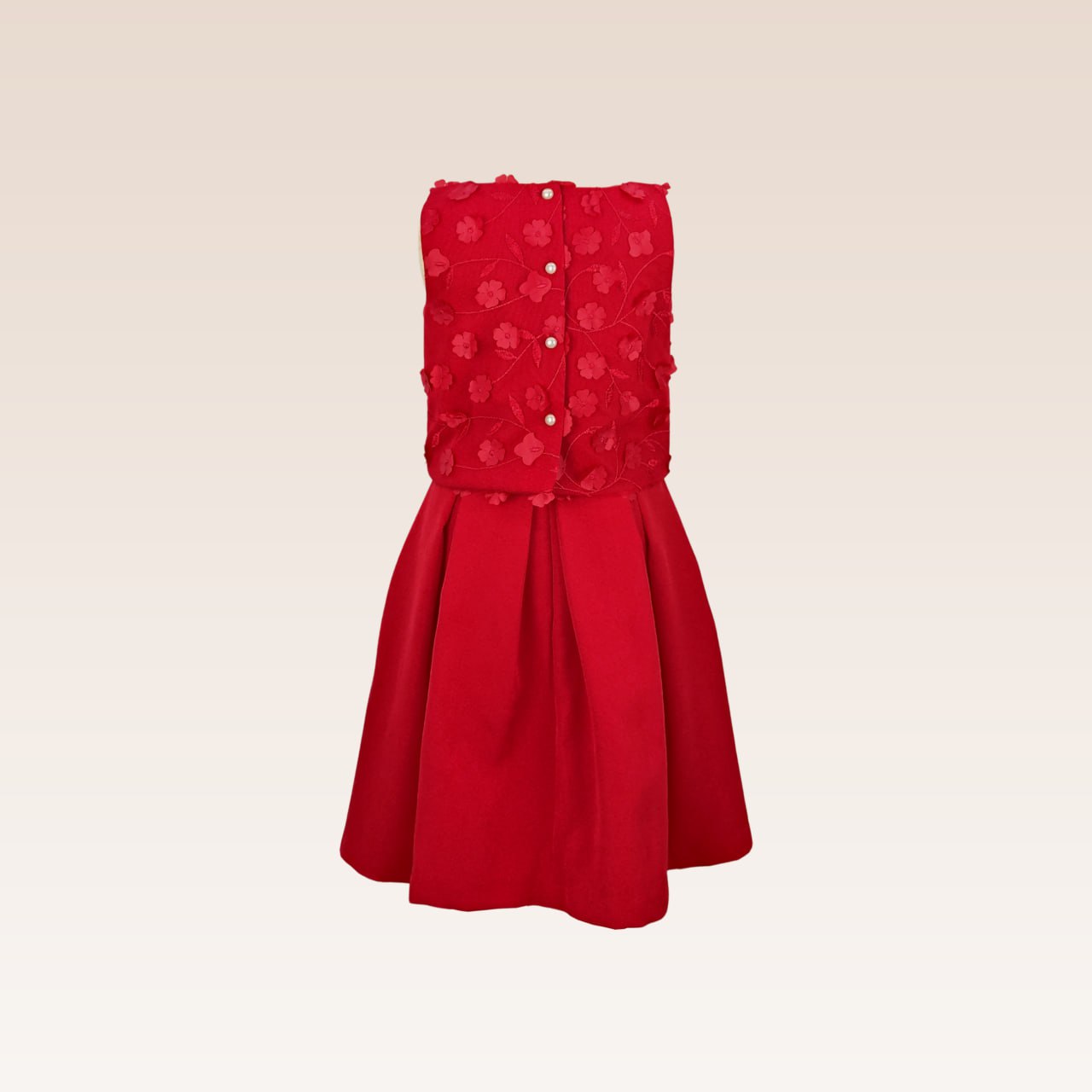 Gwen Girls Red Party Dress Shell Mesh Floral Top and Pleated Skirt