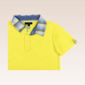 Benedict Boys Yellow Polo Pique Shirt with Checked Woven Collar