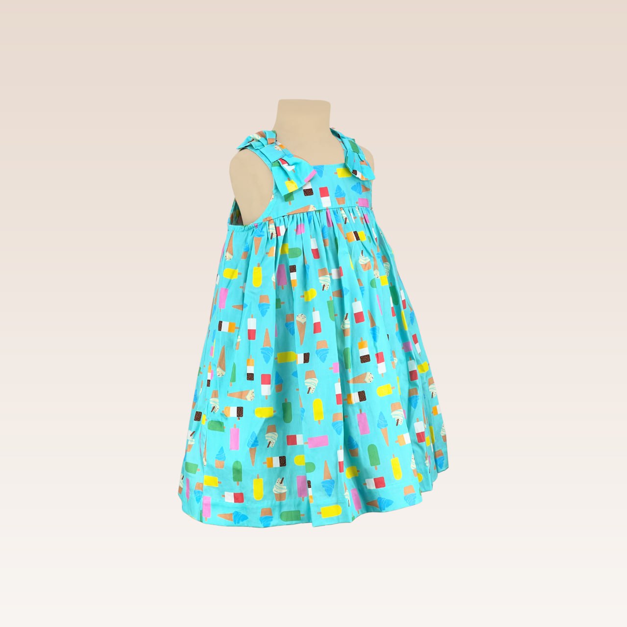 Hailey Baby Girls Blue Green Allover Ice cream Print Empire Dress with Diaper Cover
