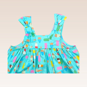 Hailey Baby Girls Blue Green Allover Ice cream Print Empire Dress with Diaper Cover