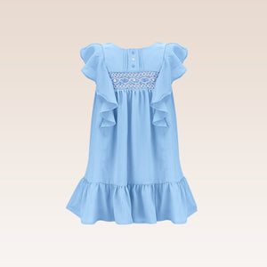Juliette Girls Blue Tunic Dress with Smocking and Embroidery Details