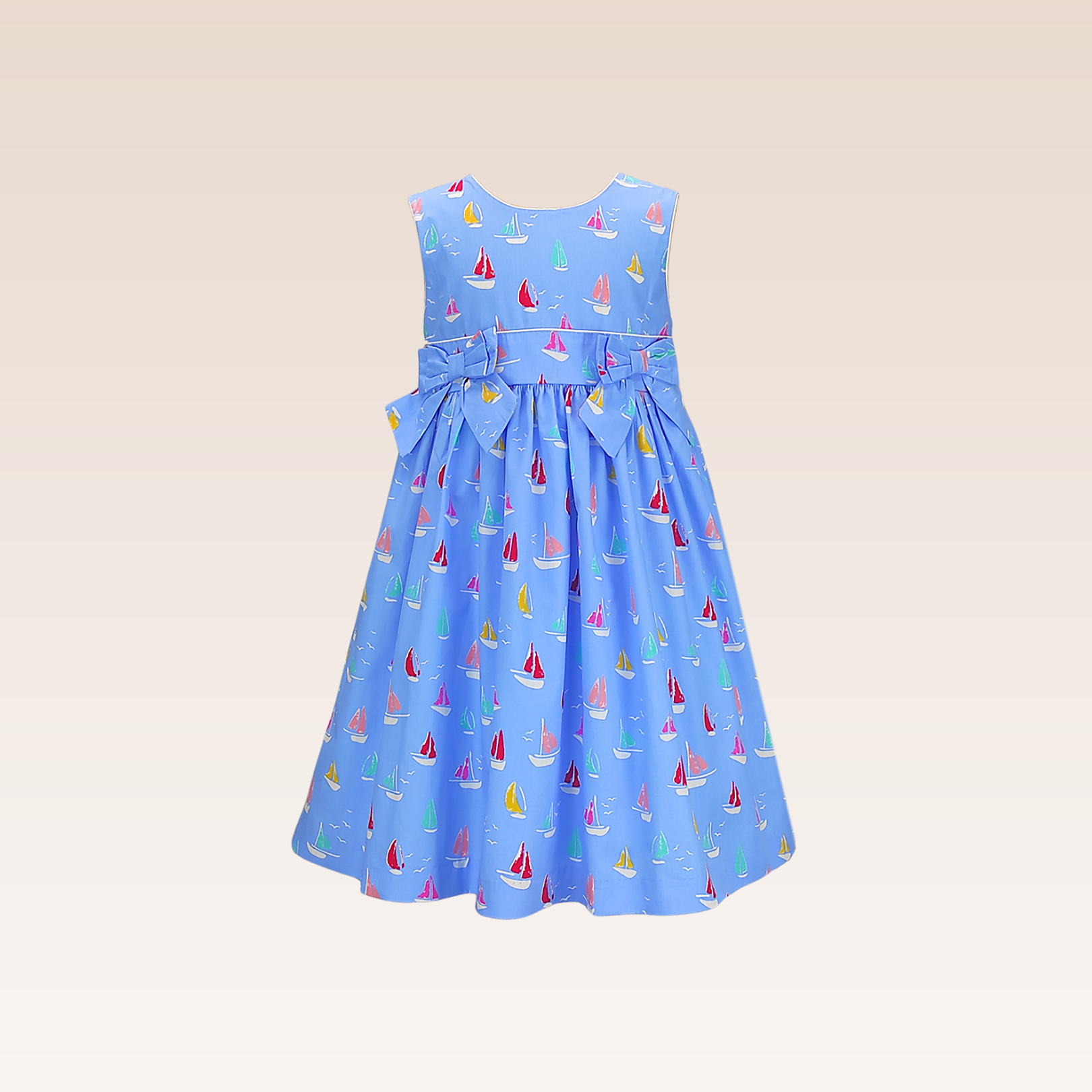 Gretche Girls Sky Blue Boat Print Dress with Bow Details at Front