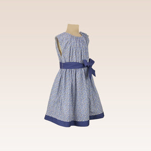 Danielle Girls Blue Floral with Gathers and Bow Front Dress