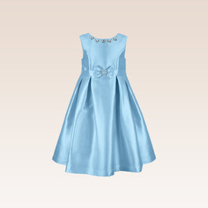 Thess Girls Lt. Blue Bejewelled Neck and Buckle Detail Party Dress
