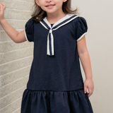 Tayla Girls Navy Sailor Drop Waist Dress with Bow Clip