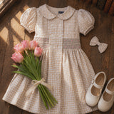Sonya Girls Beige Checkered Smocked Dress with Hairclip