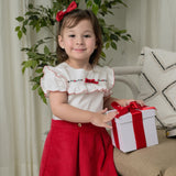 Sue Red Curdoroy Ruffled Dress with Embroidery