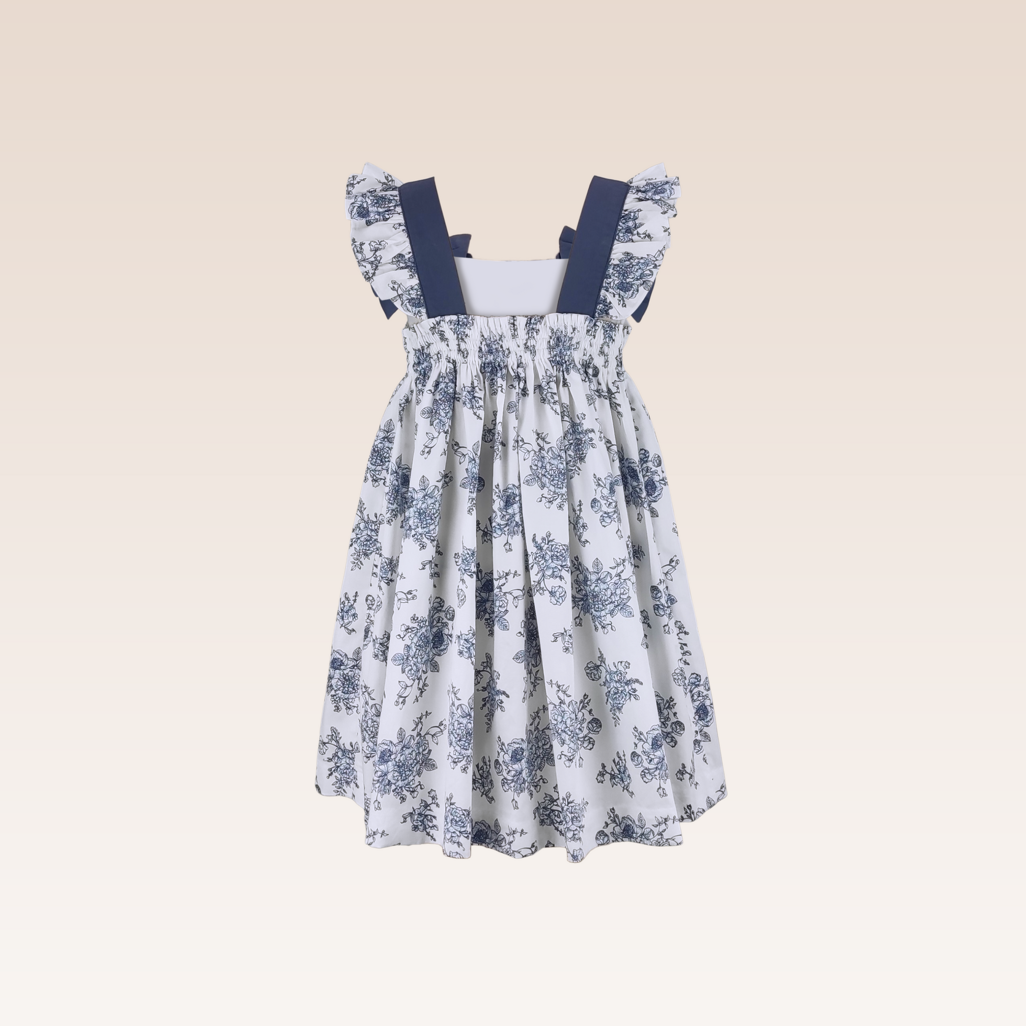 Esther  Girls Printed Floral Navy Blue Dress with Solid Ribbon Detail
