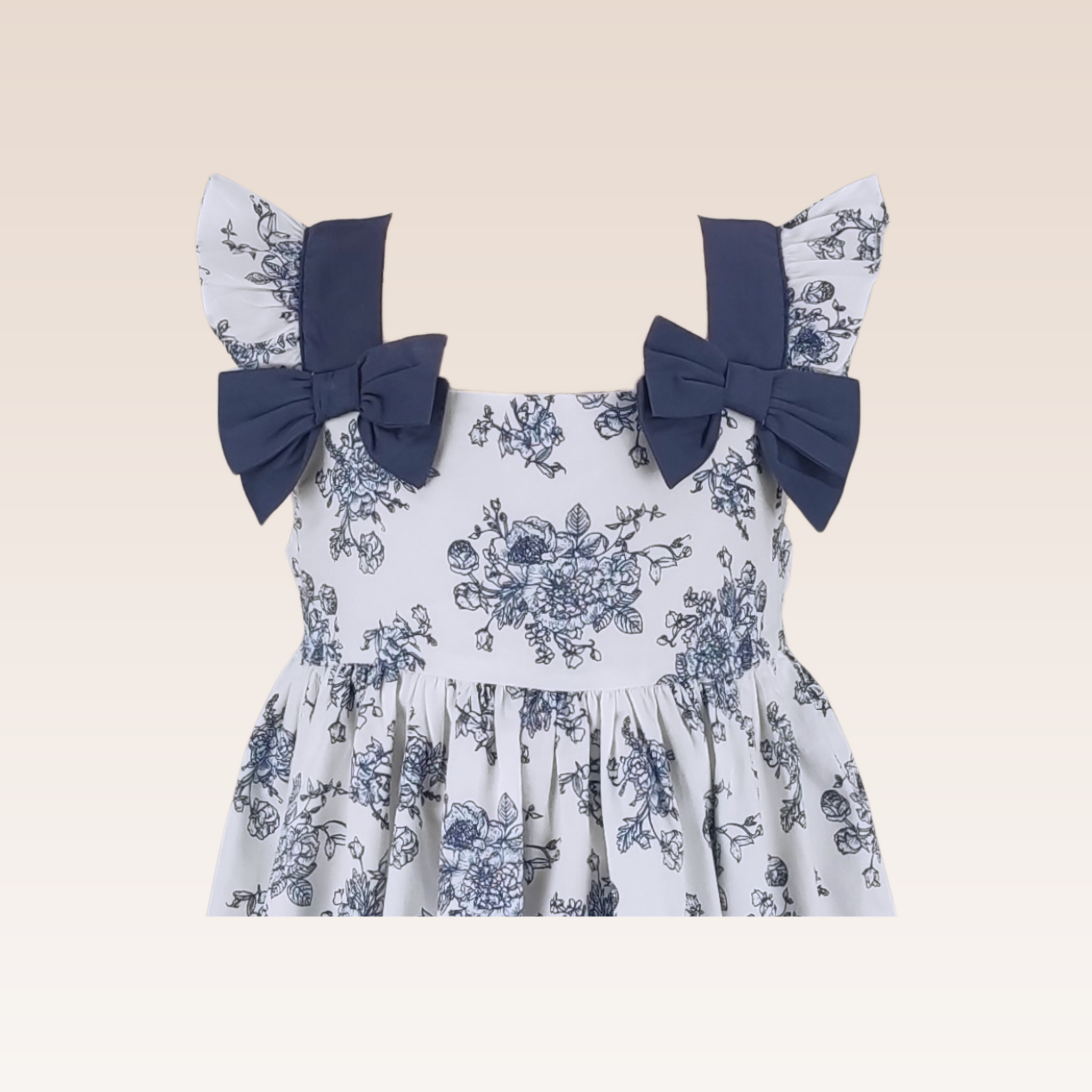 Esther  Girls Printed Floral Navy Blue Dress with Solid Ribbon Detail