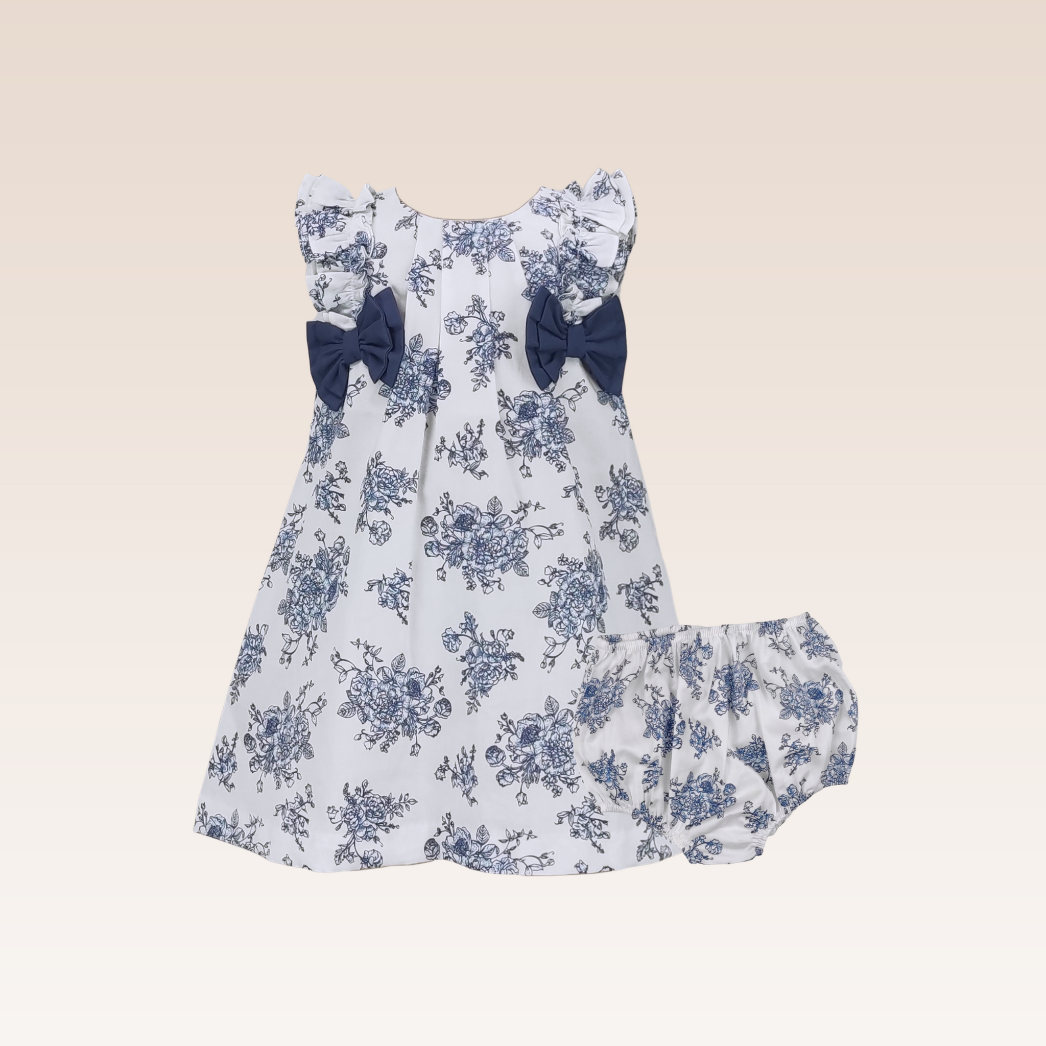 Eve Baby Girls Printed Floral Navy Blue A-line Dress with Ribbon Detail
