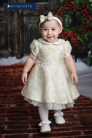 Georgette Baby Girls Gold jacquard Party Dress with Tulle underlay Skirt with Headband