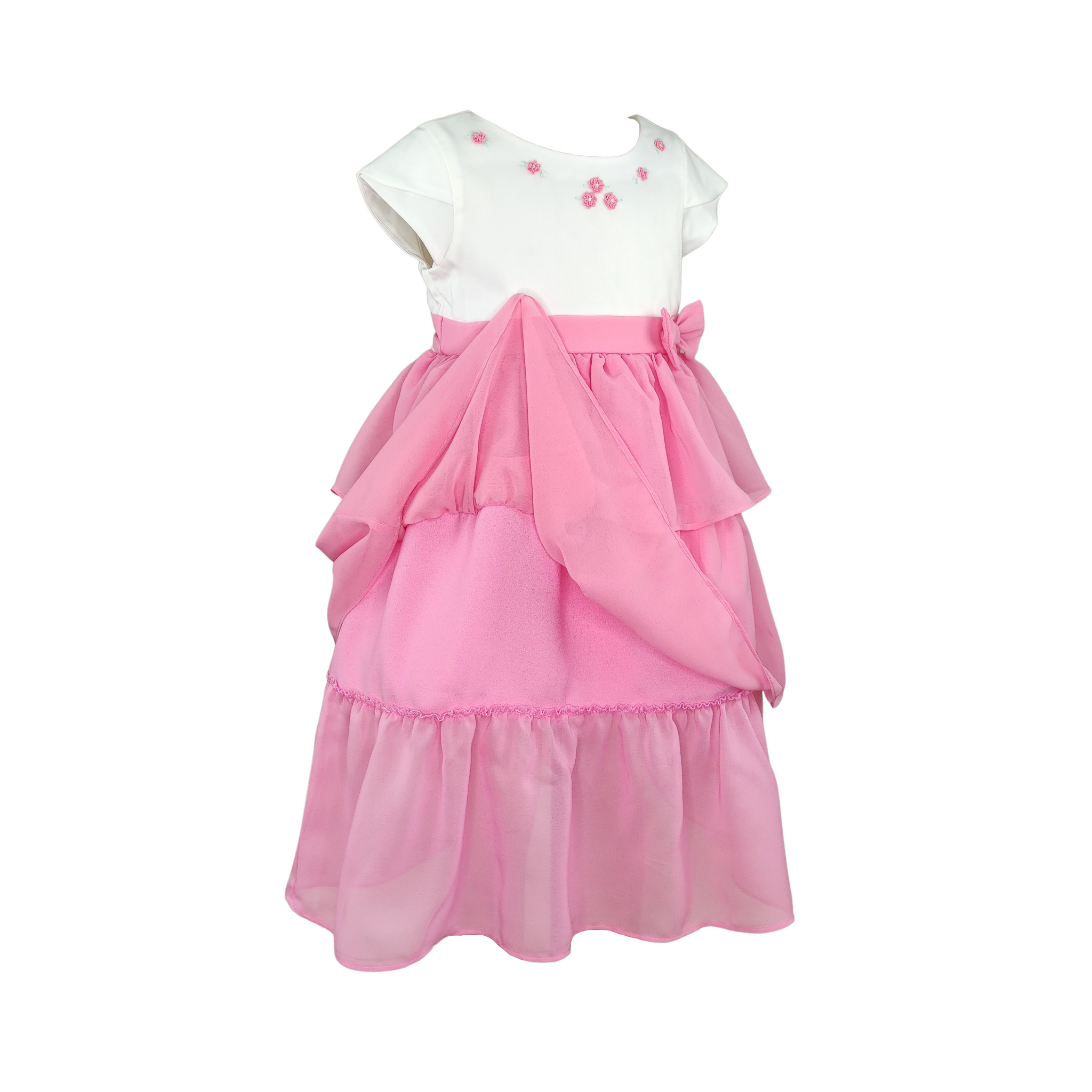 Sophie Girl Pink Party Dress Tiered Skirt with Embroidered Flowers