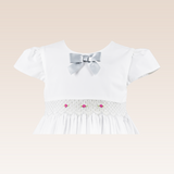 Marnie Girls White Smocked Waist and Ribbon Decorative Trim Dress