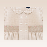 Sonya Girls Beige Checkered Smocked Dress with Hairclip