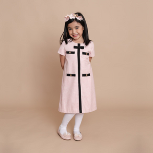 Camille Girls Lt. Pink Tweed Dress with Contrast Black Ribbon and Faux pockets