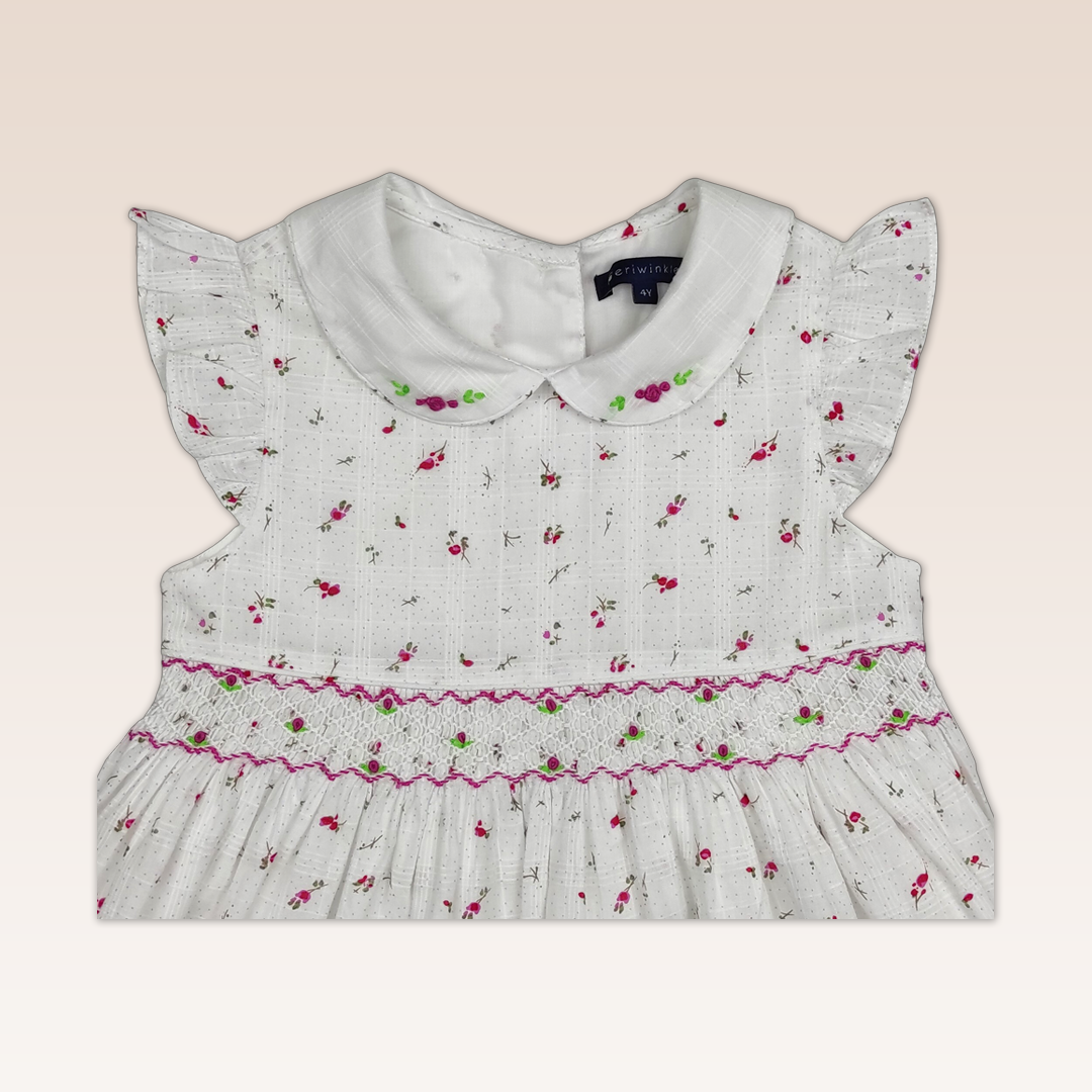 Ava Girls Sleeveless Fuchsia floral with smocking details