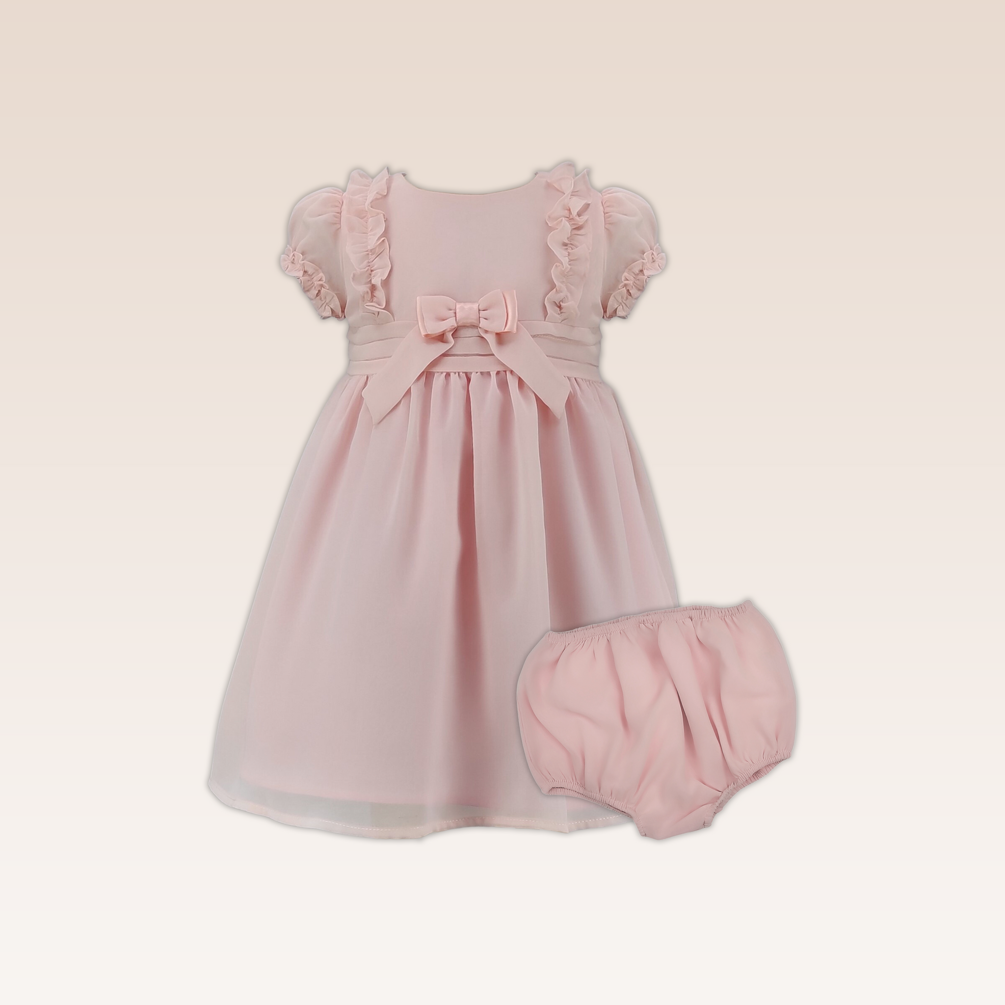 Allison Bay Girl  Blush Pink Party Dress with Ruffles and Silk Ribbon at Front