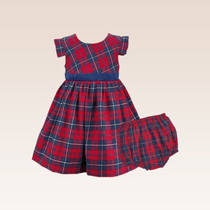 Danica Baby Girl Party Dress in Checkered Print and Velvet Waist and Diaper Cover