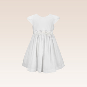 Harriet Communion White Girls Dress with Grosgrain Ribbon Belt and Flower details