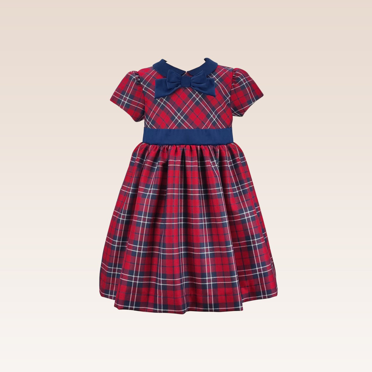 Delia Girls Navy Checkered Party Dress with Velvet Ribbon and Collar Details