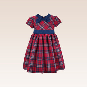 Delia Girls Navy Checkered Party Dress with Velvet Ribbon and Collar Details