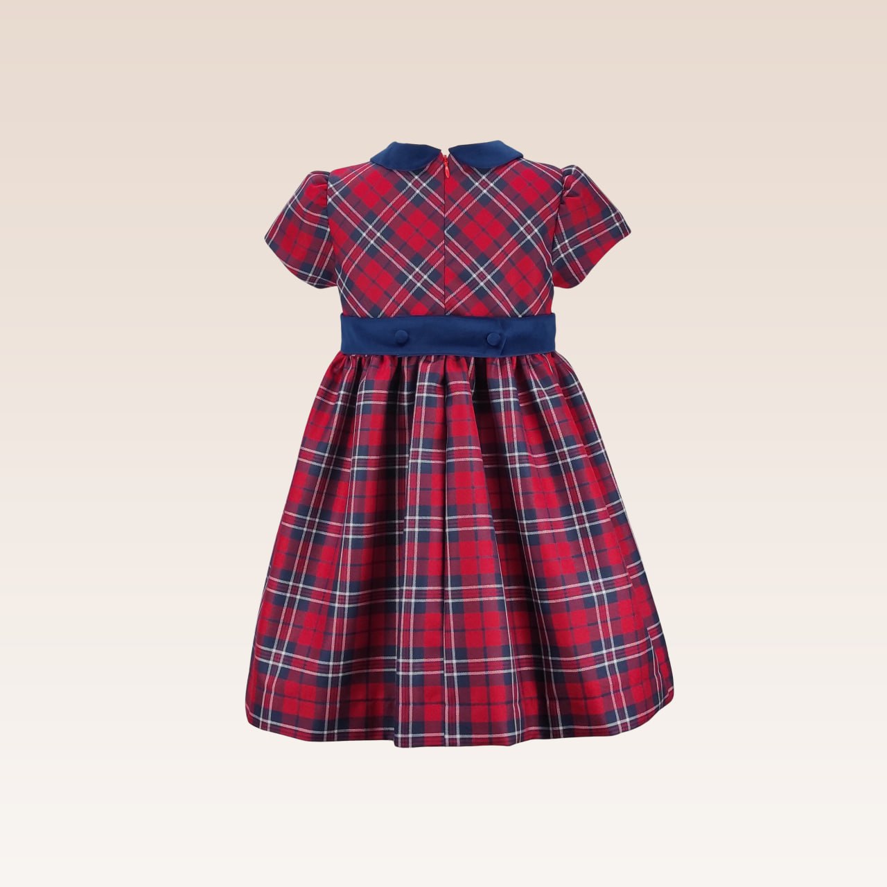 Delia Girls Navy Checkered Party Dress with Velvet Ribbon and Collar Details