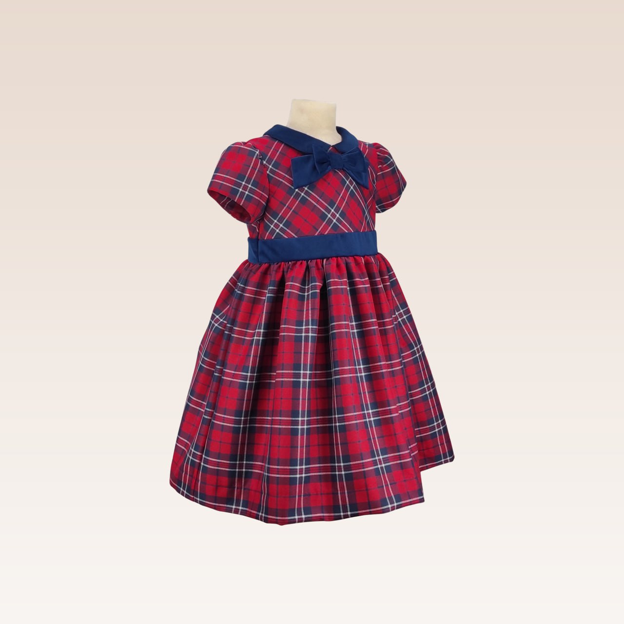 Delia Girls Navy Checkered Party Dress with Velvet Ribbon and Collar Details