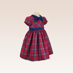 Delia Girls Navy Checkered Party Dress with Velvet Ribbon and Collar Details
