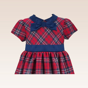 Delia Girls Navy Checkered Party Dress with Velvet Ribbon and Collar Details