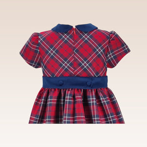 Delia Girls Navy Checkered Party Dress with Velvet Ribbon and Collar Details