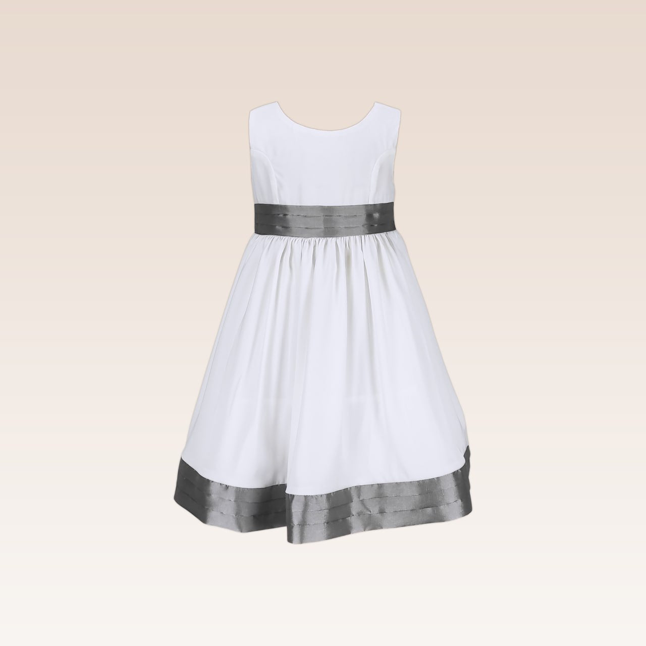 Fiona Girls White Party Dress with Pleating Details on Waist and Hem
