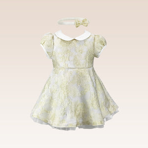 Georgette Baby Girls Gold jacquard Party Dress with Tulle underlay Skirt with Headband