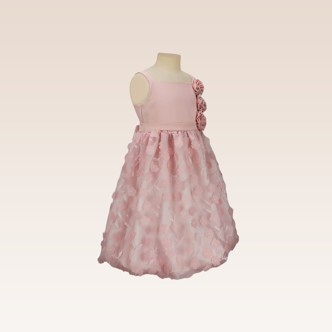 Gretel Girls Peach Party Dress with Bubble skirt in Floral Applique fabric