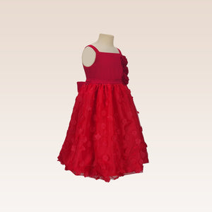 Gretel Girls Red Party Dress with Bubble skirt in Floral Applique fabric
