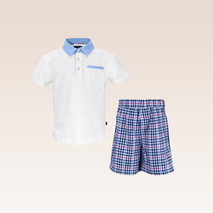 Caleb Boys Polo Shirt with Chambray and Blue Checks Shorts