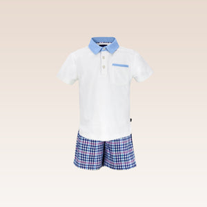 Caleb Boys Polo Shirt with Chambray and Blue Checks Shorts