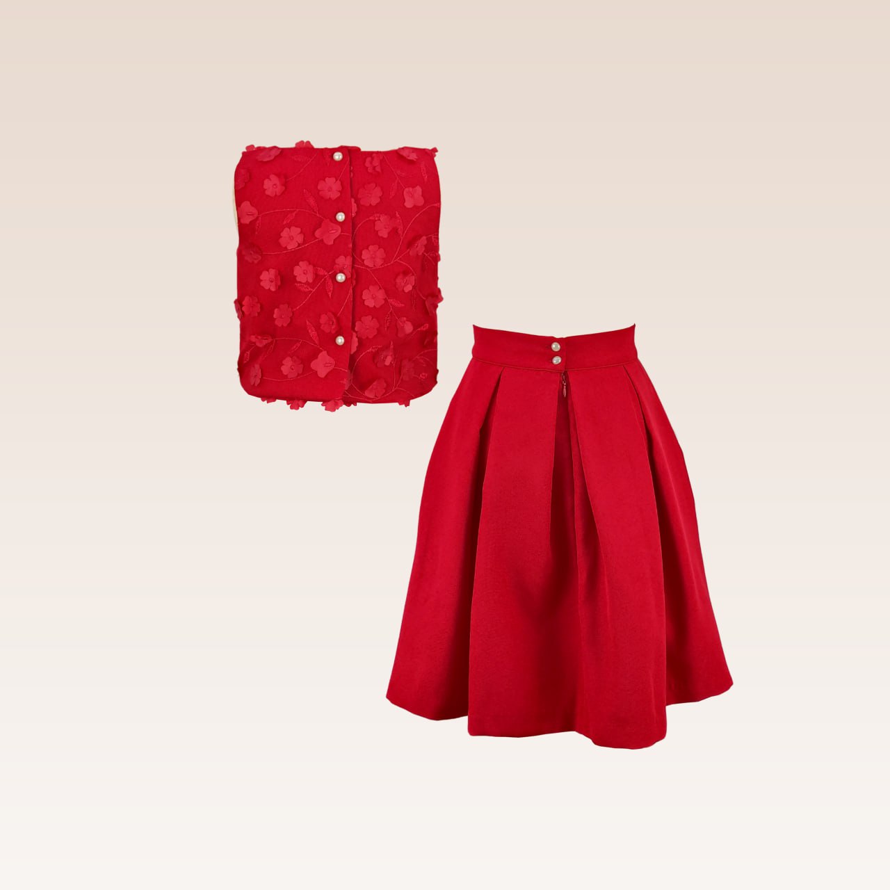 Gwen Girls Red Party Dress Shell Mesh Floral Top and Pleated Skirt