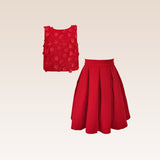 Gwen Girls Red Party Dress Shell Mesh Floral Top and Pleated Skirt