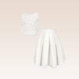 Gwen Girls White Party Dress Shell Mesh Floral Top and Pleated Skirt