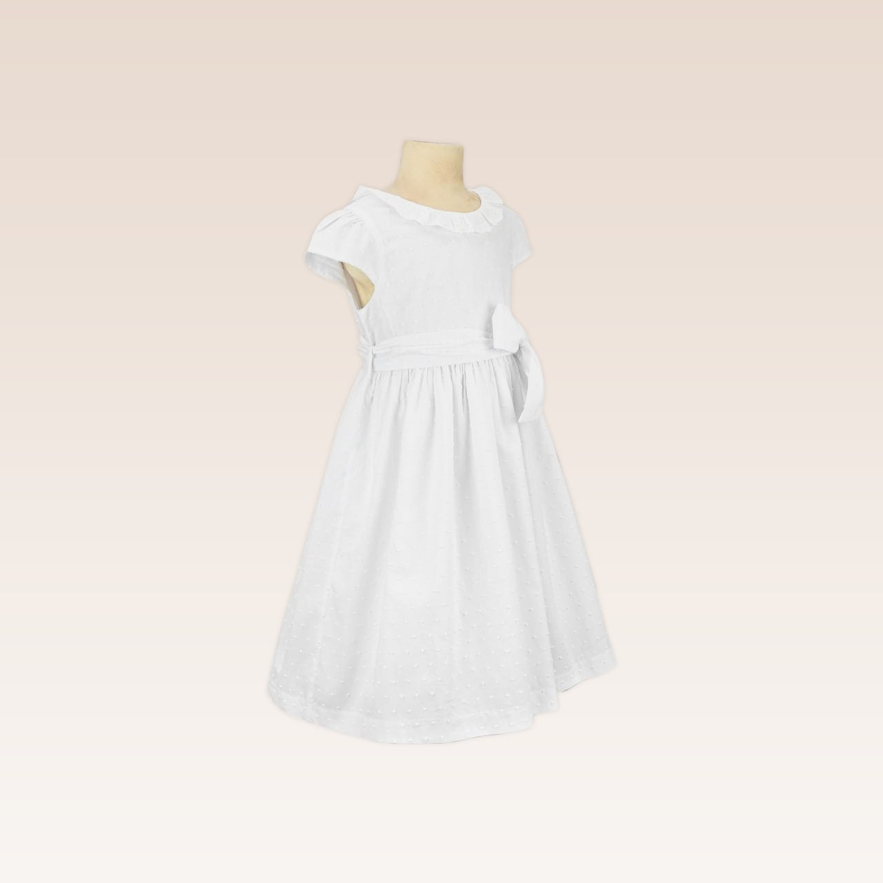 Kiara Girls White Dress with Ruffled Neck and Bow Belt tie Front