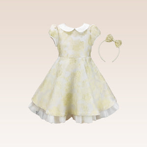Georgette Girls Gold jacquard Party Dress with Tulle underlay Skirt with Headband