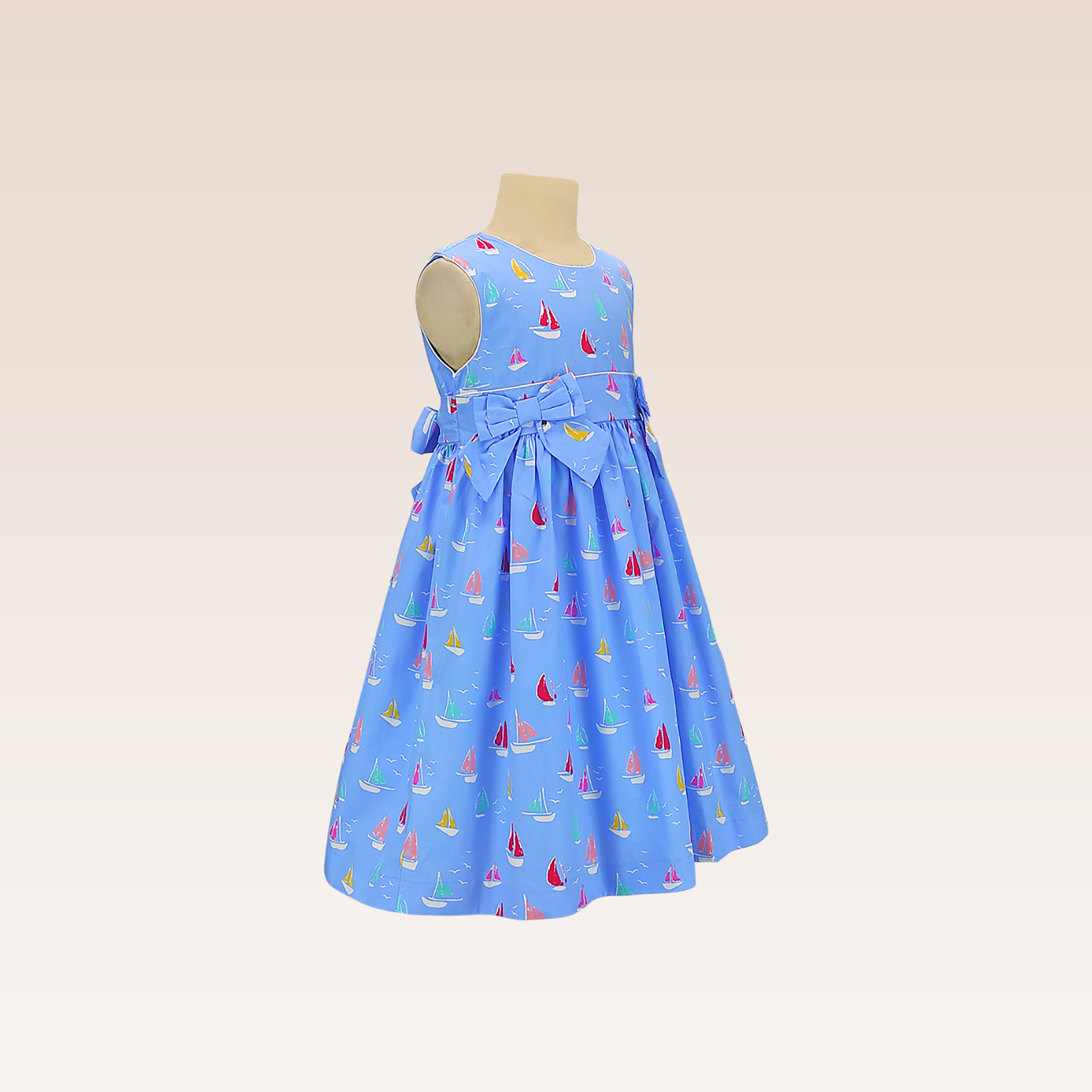 Gretche Girls Sky Blue Boat Print Dress with Bow Details at Front