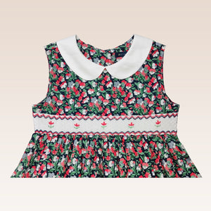 Emeri Girls Red Floral Smocked and Embroidery Waist Detail