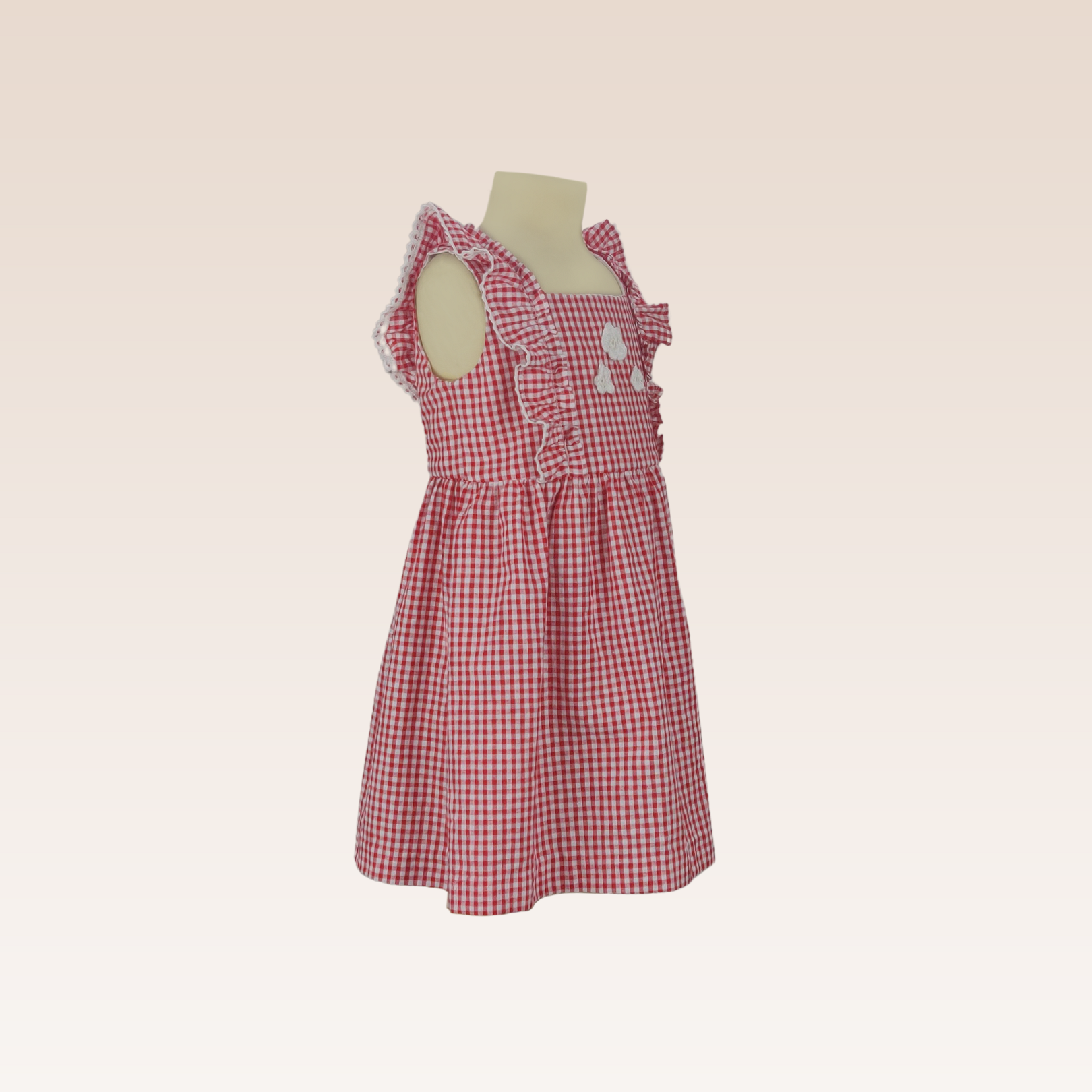 Laura Baby Girls Red Checks and Crochet Flowers Pinafore Dress with Diaper Cover