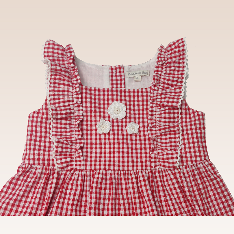 Laura Baby Girls Red Checks and Crochet Flowers Pinafore Dress with Diaper Cover